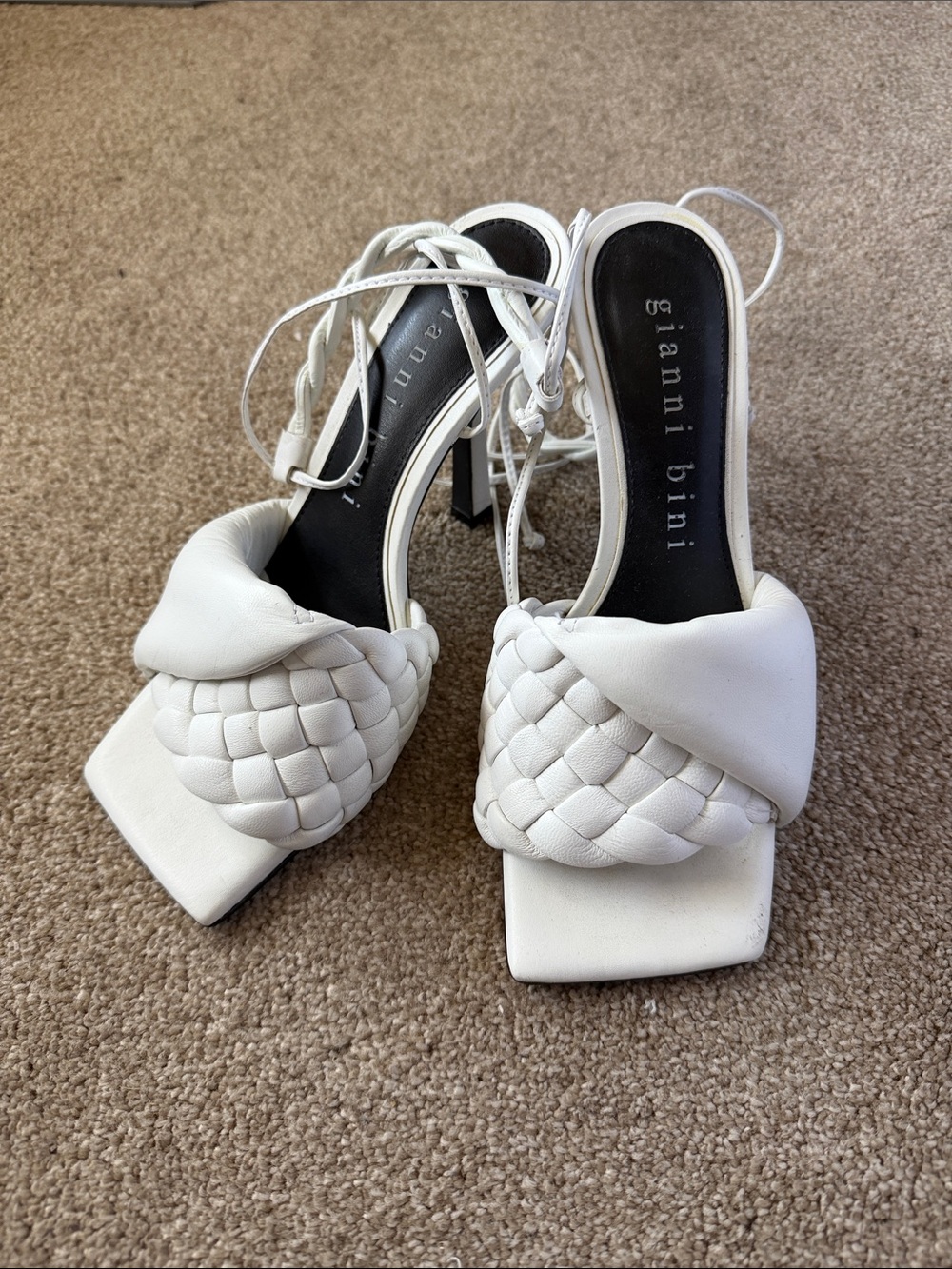 Gianni Bini White Braided Square-Toe ankle wrap Heels